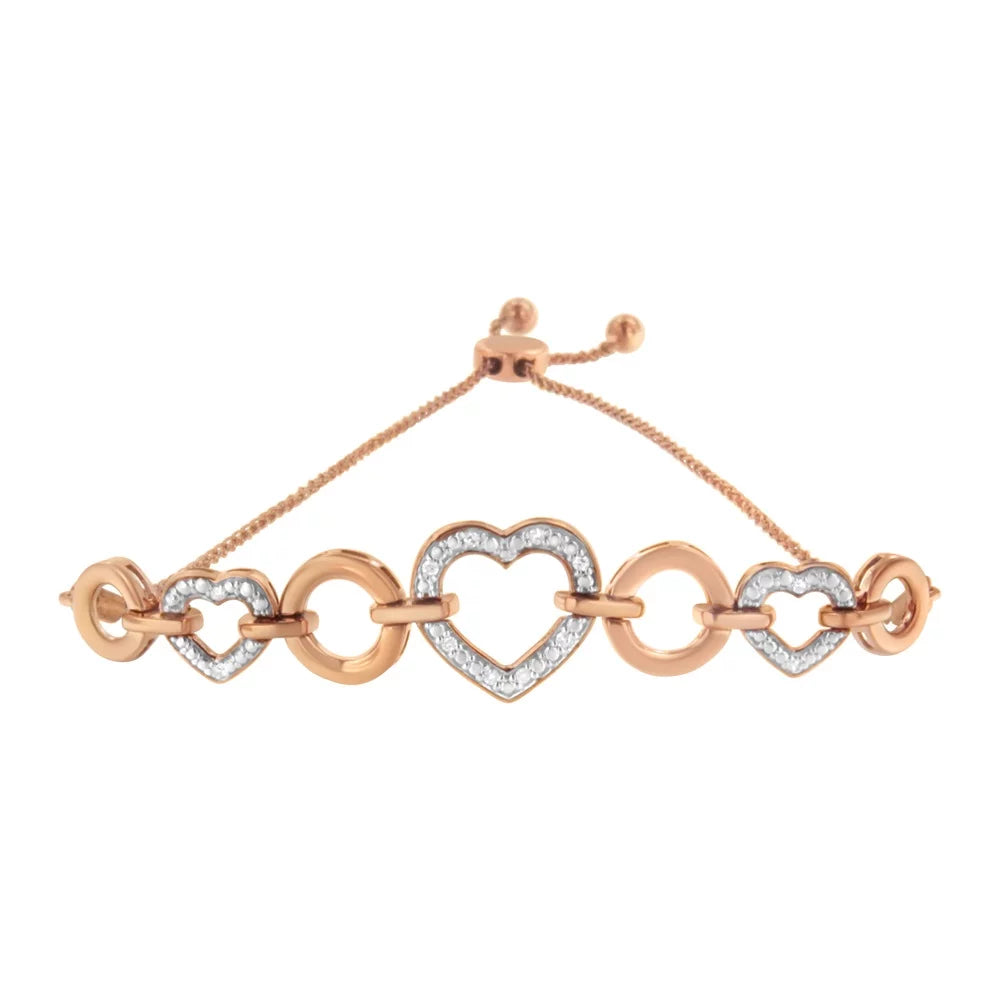 Bolo Accent Adjustable (I-J Link Plated Diamond 14K Clarity) Color, Silver 6”-10” Heart I3 Rose Bracelet .925 and Gold Sterling Circle