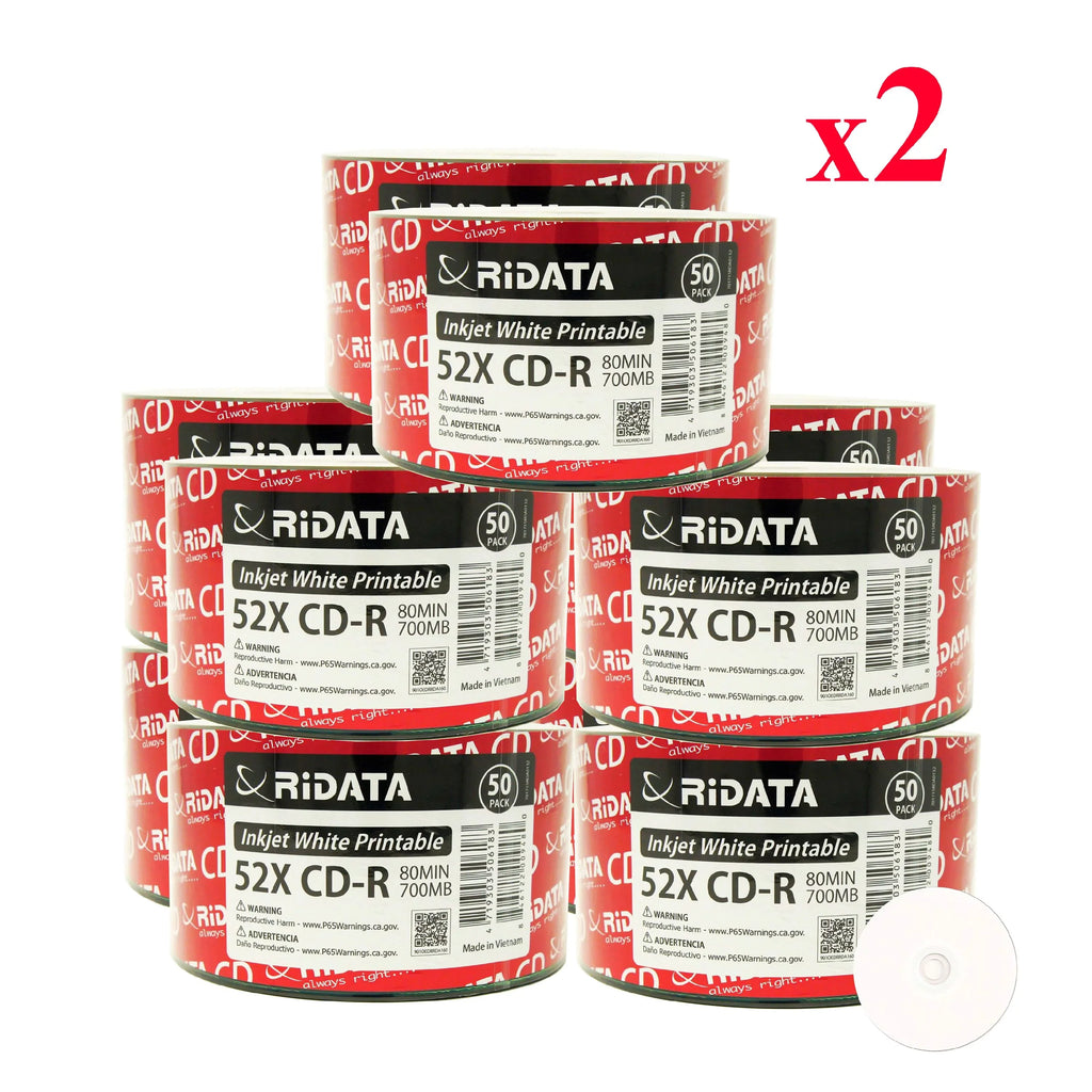 Blank Hub White 52X -R Ridata Disc 80Min Pack Recordable Media Inkjet 700MB Printable 1000