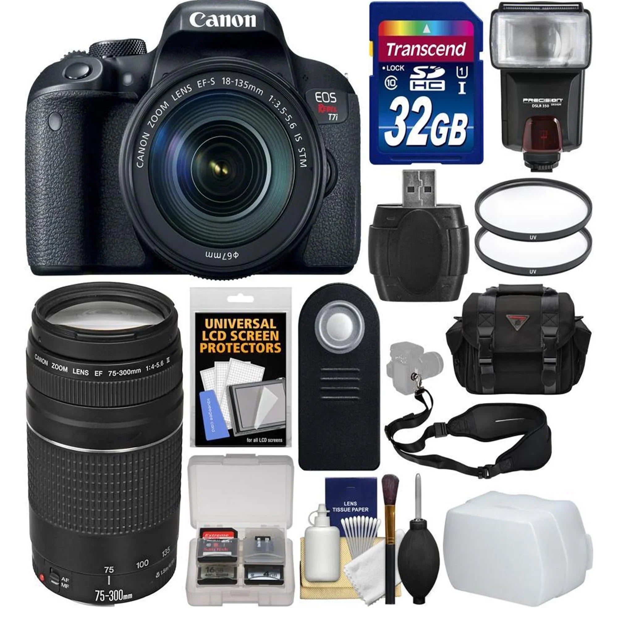32GB 18-135mm with 75-300mm Filters Kit with Remote Lens Case T7i/800D Rebel Card Lens Canon Flash Camera