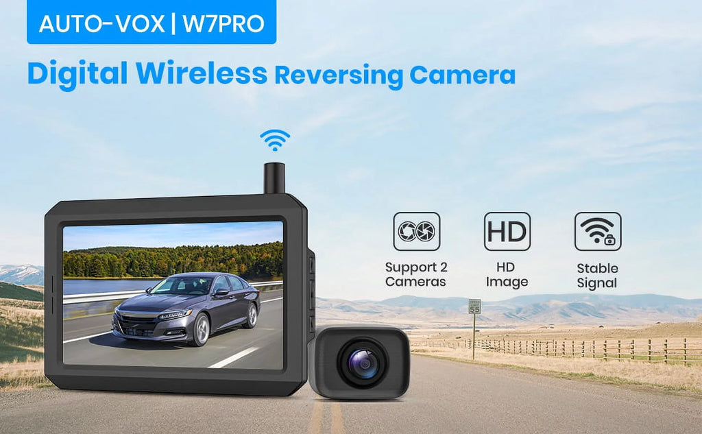 AUTO-VOX 2.4G Truck, Dual Digital Monitors Up Car, Back Camera TFT with for Stable Systems, Channels RV,Camper 5" Trailer View Signal Wireless W7PRO Camera, Rear Cam