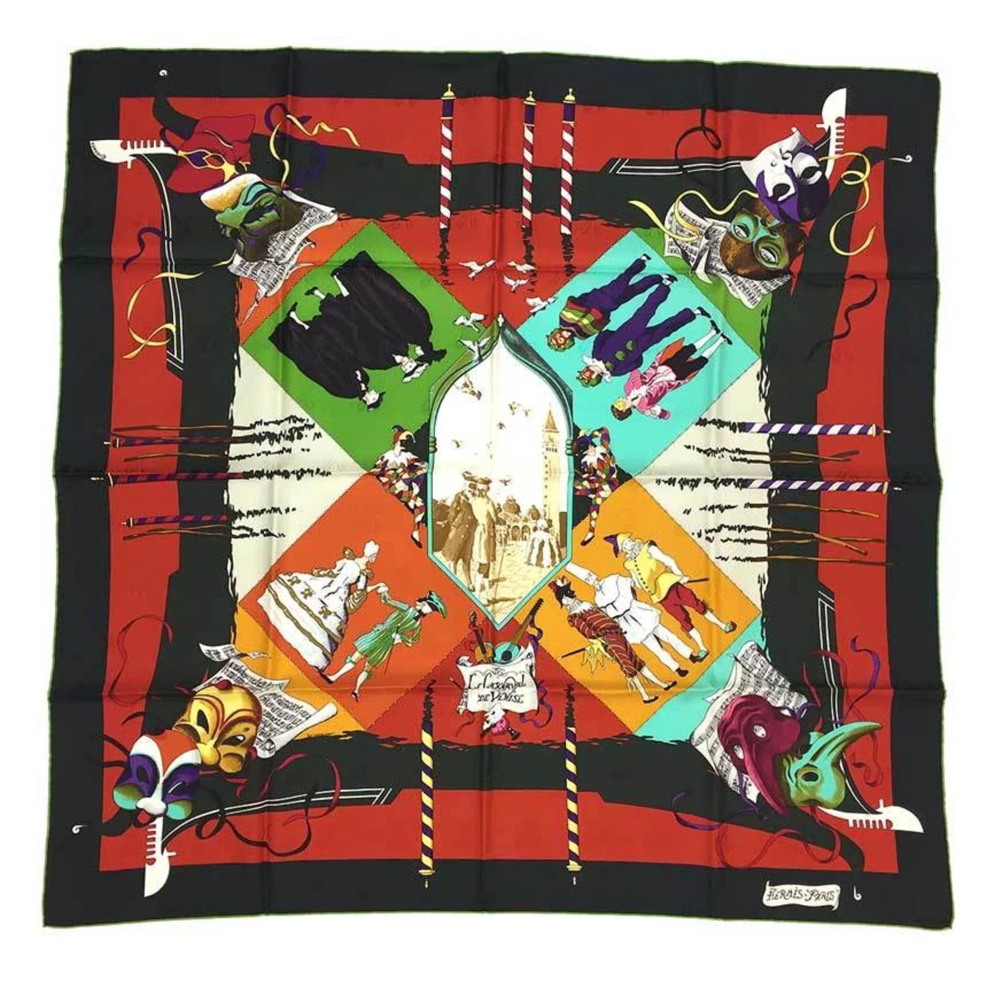Carnival Moss Carre 90 Orange Venice Muffler aq7392 (Like New) Green Silk Hermes Scarf x Pre-Owned