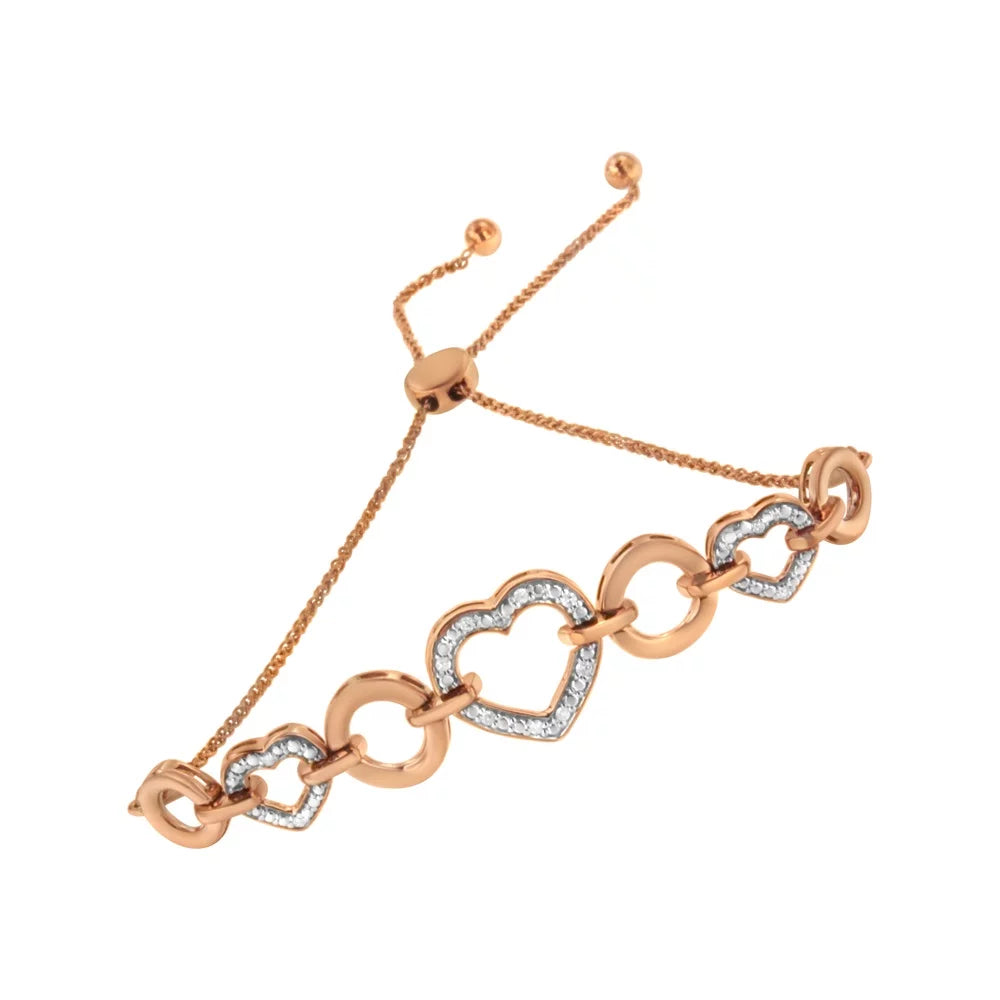 Bolo Accent Adjustable (I-J Link Plated Diamond 14K Clarity) Color, Silver 6”-10” Heart I3 Rose Bracelet .925 and Gold Sterling Circle