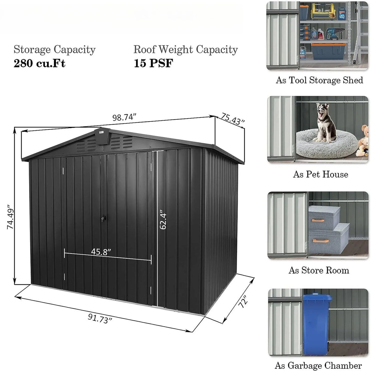 Garden Shed Cabinet Galvanized Storage Capri Metal Backyard, 8.2'x Can, exterior Storage for Trash Shed, Black for with Door Patio, Lawn, 6.2' exterior Bike, Lockable Steel