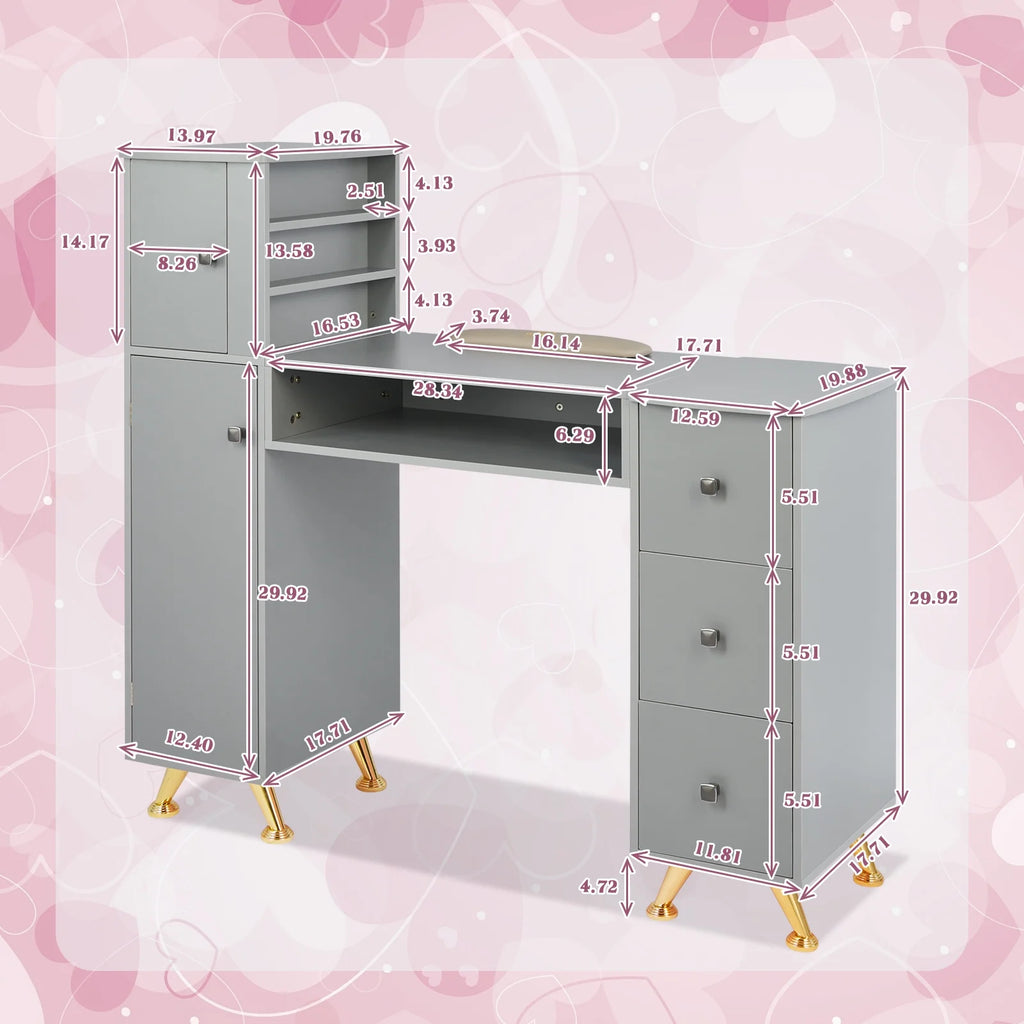 Nail Technician Acetone for Spa Home Desk Defensive for Table w/Large Mat, Beauty Storage Grey Manicure - Salon Plastic Space, Station & Rest Table w/Wrist Capacity Table Nail