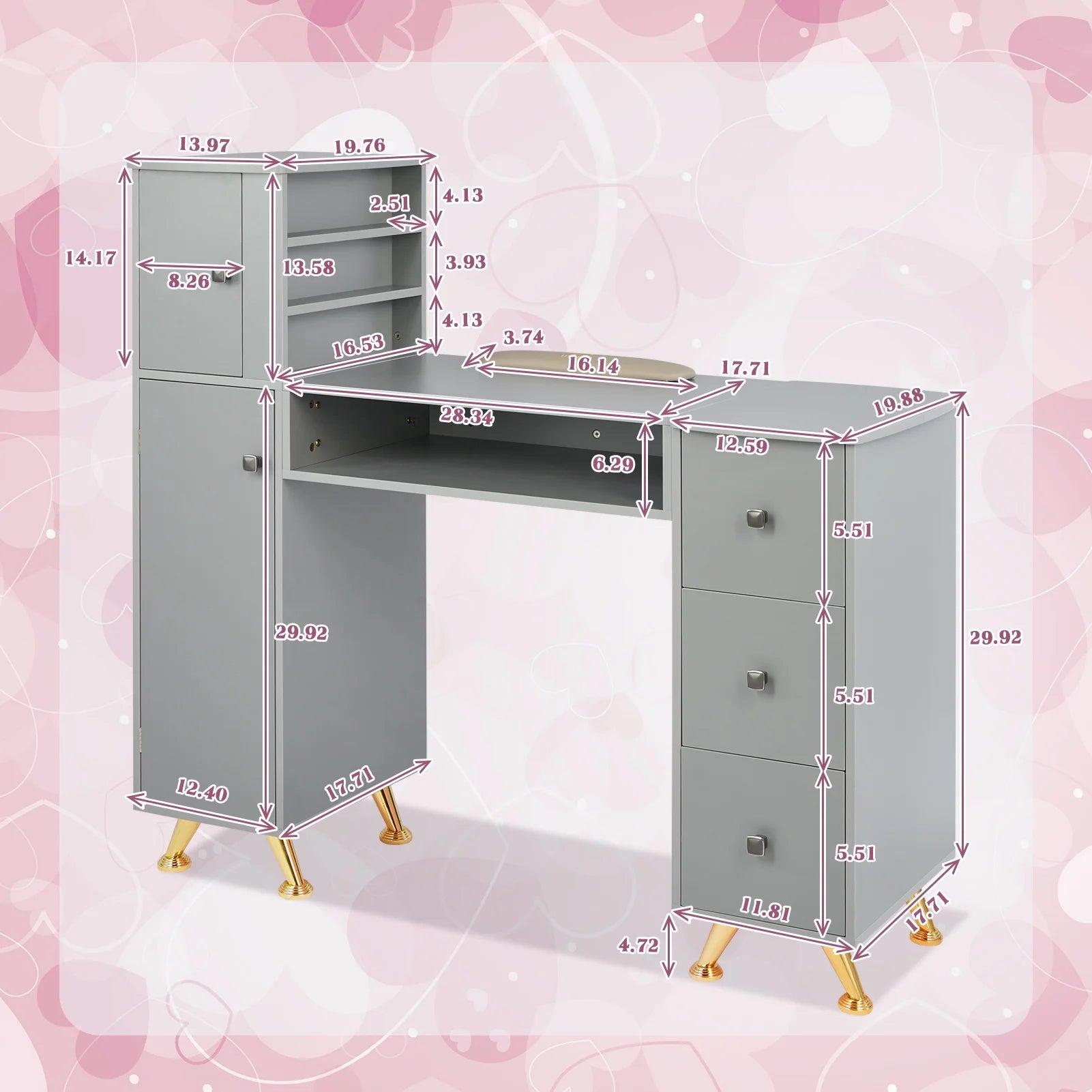 Nail Technician Acetone for Spa Home Desk Defensive for Table w/Large Mat, Beauty Storage Grey Manicure - Salon Plastic Space, Station & Rest Table w/Wrist Capacity Table Nail