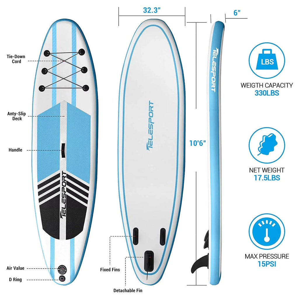 Paddleboard Paddle Accessories, & Boards Blue Blowup SUP White w/ TELESPORT