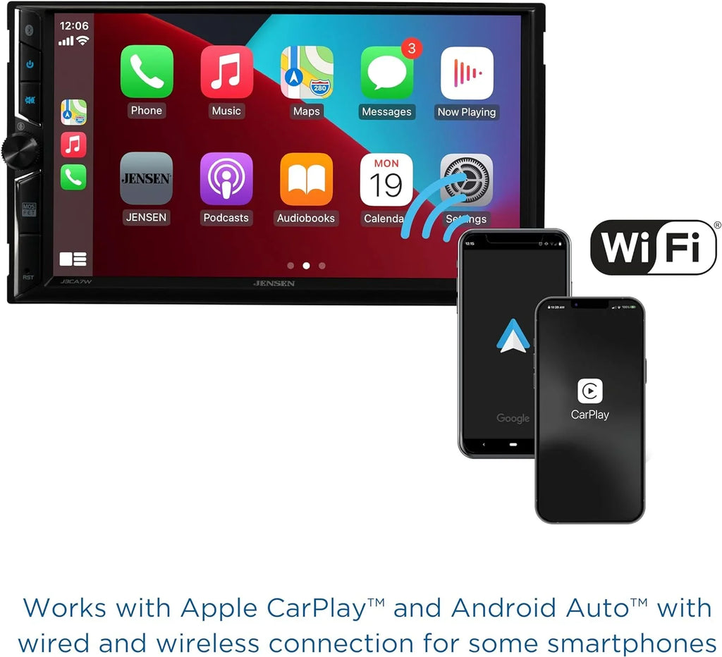 Double Jensen Wireless, Certified Android CarPlay Auto, 7-inch Radio, Stereo Car J3CA7W Apple or New Wired