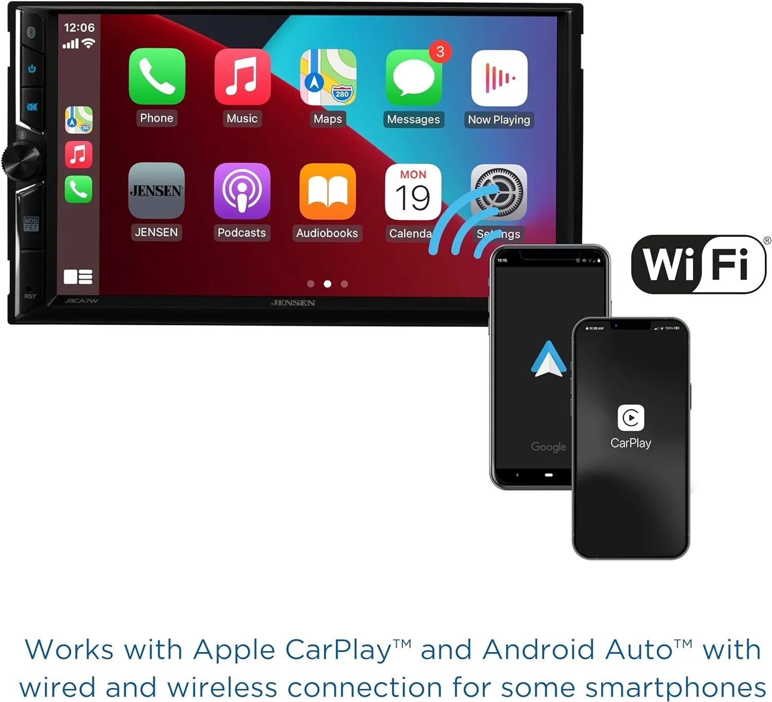 Double Jensen Wireless, Certified Android CarPlay Auto, 7-inch Radio, Stereo Car J3CA7W Apple or New Wired