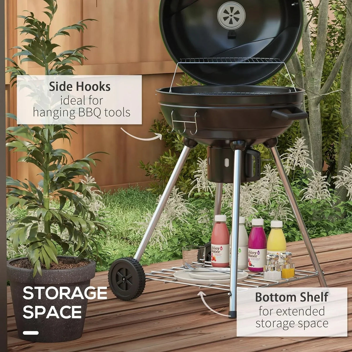 Shelf, Thermometer Green Ash Charcoal Kettle and with Cooking Area, Catcher Grill sq.in. exterior BBQ Trolley Wheels, 360 with for 21" Backyard Party, Built-in Patio, Barbecue
