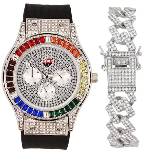 Color Set. Charles Flame Sets Out Out Blinged Single on Blast (ST10380- Bracelets ) Out Watch Colourful Iced Iced Rainbow Collection or Mens with Combo Raymond