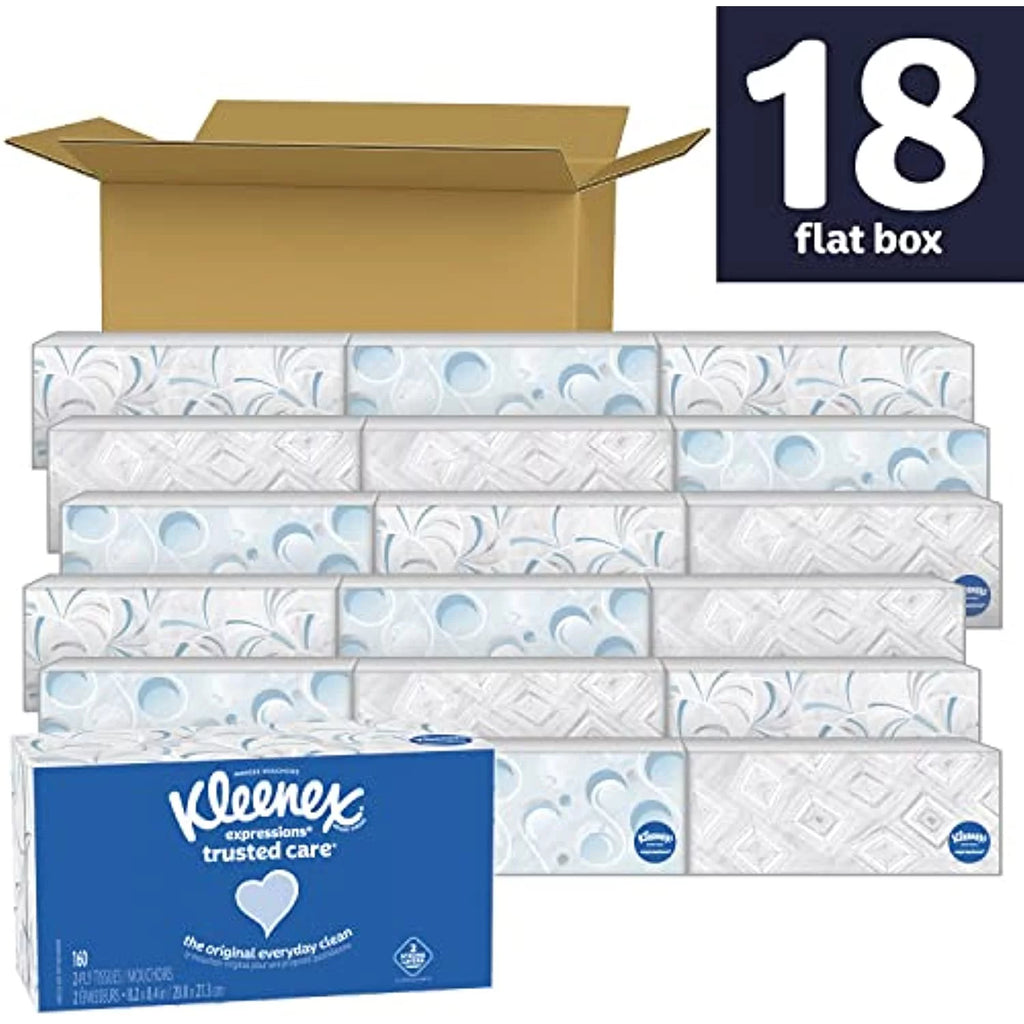 (2,880 Expressions Total 160 Tissues) Per Boxes, Trusted Kleenex Tissues, 18 Facial Care Box, Flat Tissues 2-Ply
