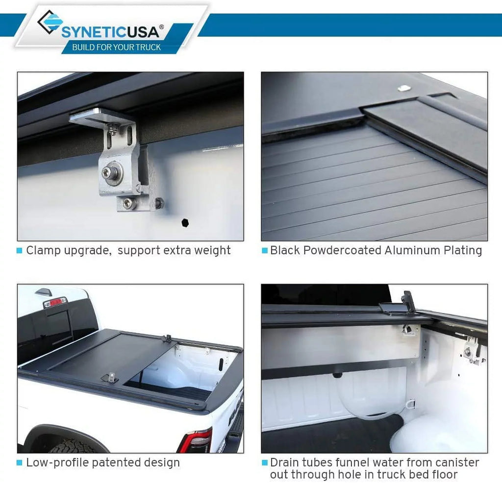 Off Black Shield Matte Cross with (67.4”) 1500 Moistureproof Low Retractable Tonneau Aluminum Bed Profile 2019-2022 Ram Road Syneticusa Bars 5'7" Fits Hard