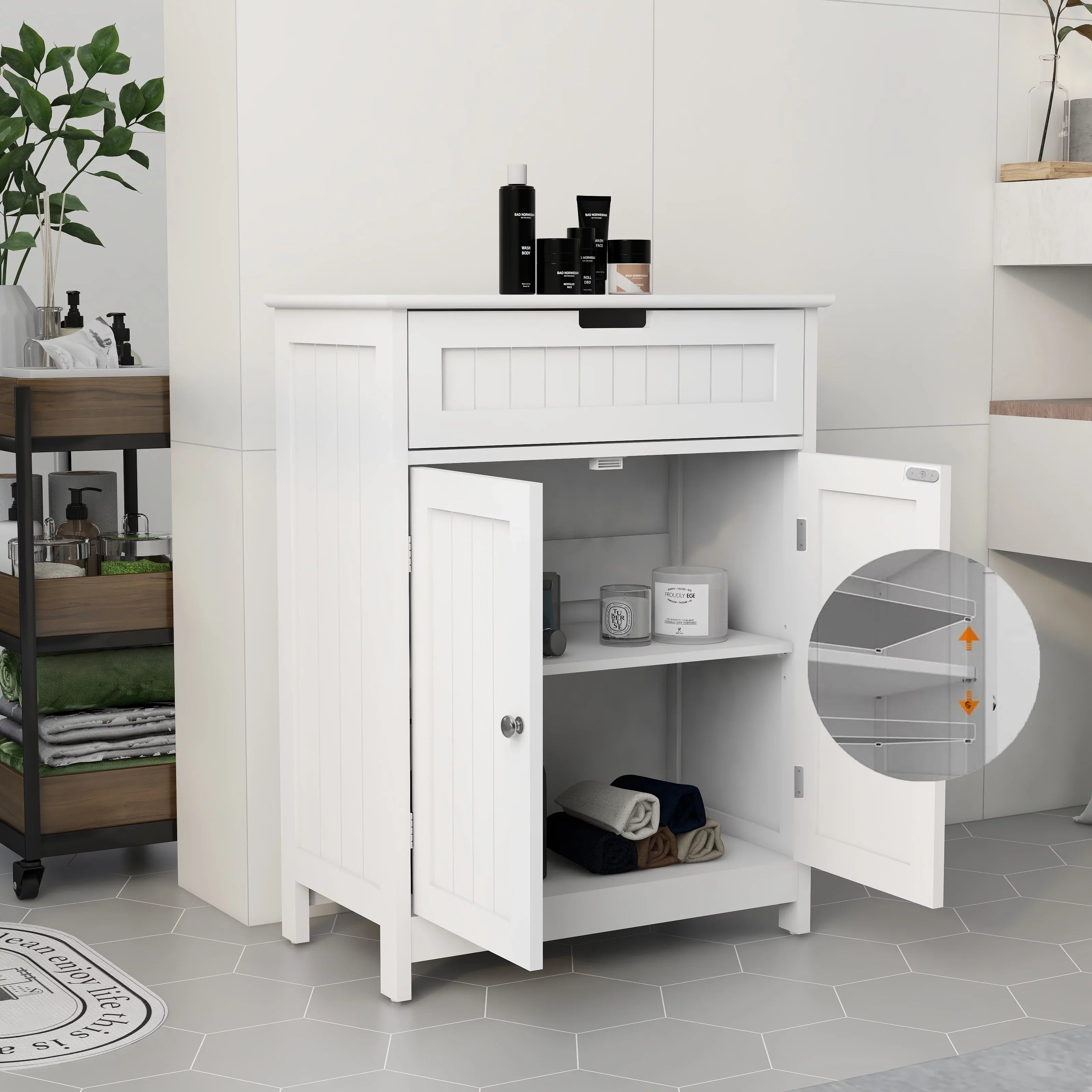 1 White Drawer Wood Elegant Adjustable Versatile Living Room. Bathroom Freestanding and Storage Shelf Organizer 2 Design in for Bathroom Doors, Floor Cabinet