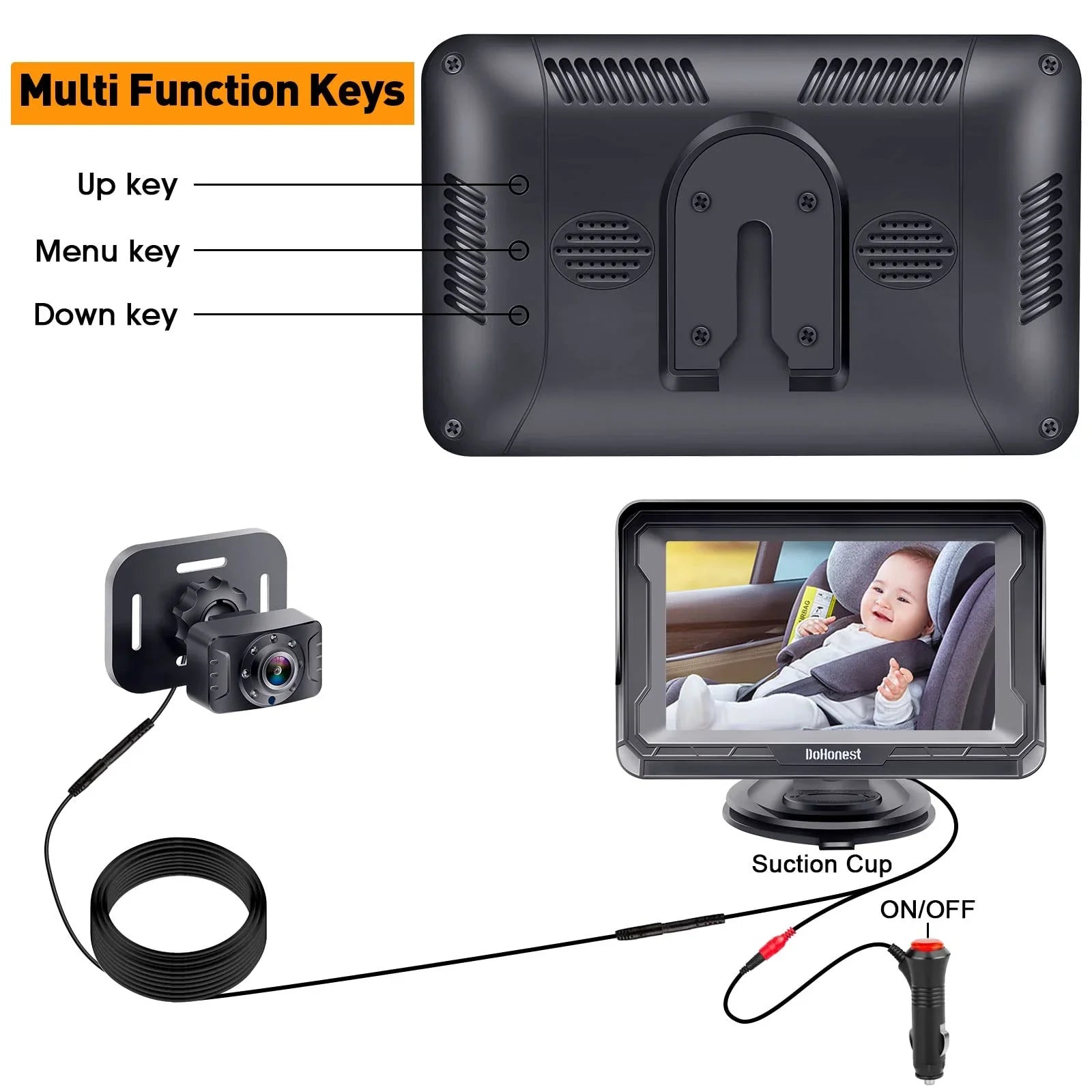 Easy -V33 Backseat DoHonest Vision 3 Plug and Kids 360&deg; Rear Crystal Car Baby Car Camera Night with Play Install 1080P: Two Monitor Facing Camera Rotating Baby Camera Mins