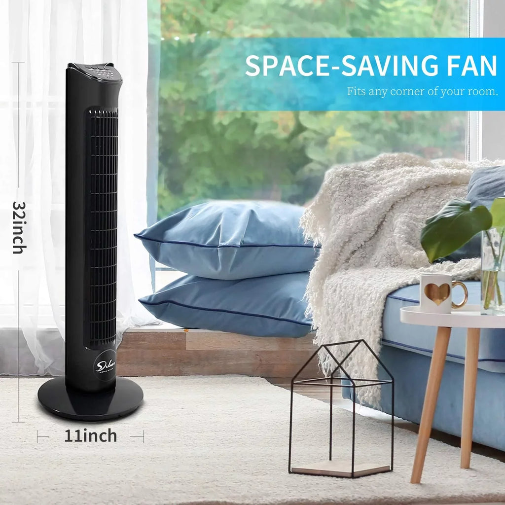 Oscillating Fan 32"Tower 90° Fans, Deluxe Remote, Fan Black with 4 Bladeless Speeds, with Standing Fan, Floor Simple