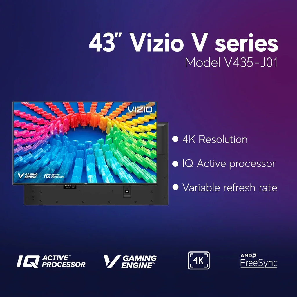 with LED Assistant (Refurbished) - Alexa, with Works Free HDR Siri, + Smart 4K UHD Class Compatible Restored Google and Netflix, TV 43" Wall VIZIO Disney+, Mount, V435-J01