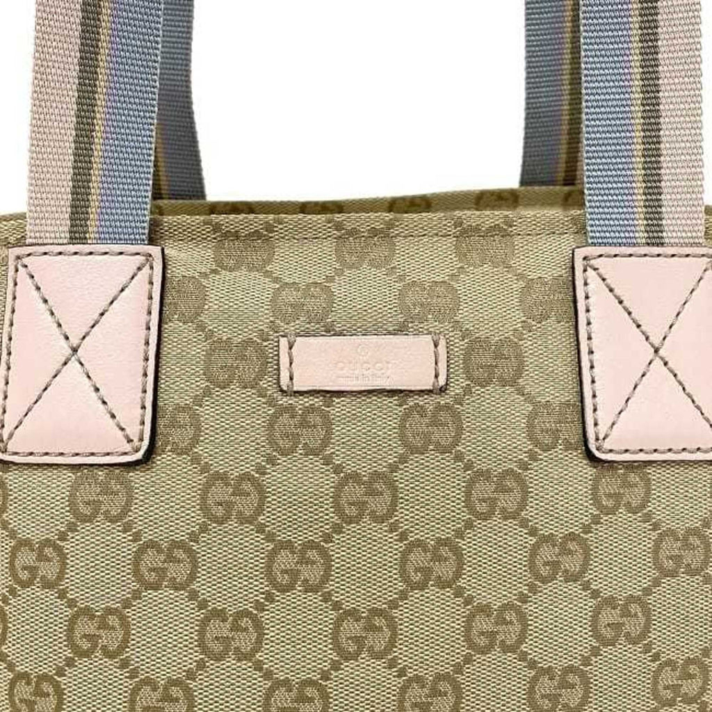 GG Beige Leather Handbag (Good) Women's Pink Blue Tote Bag Pastel Pre-Owned Canvas 131228