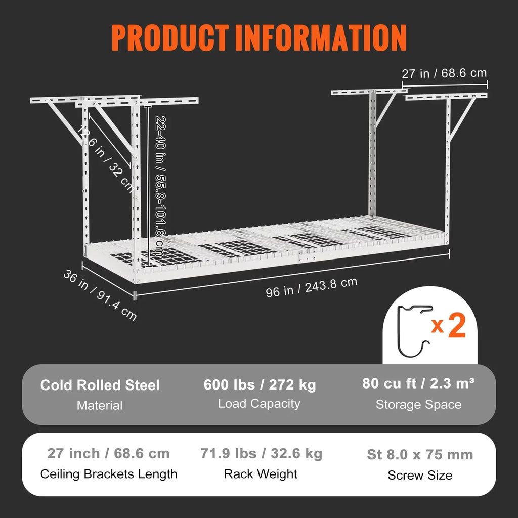 VEVOR Ceiling Rack 36x96in Rack Adjustable White Garage 600lbs Storage Overhead