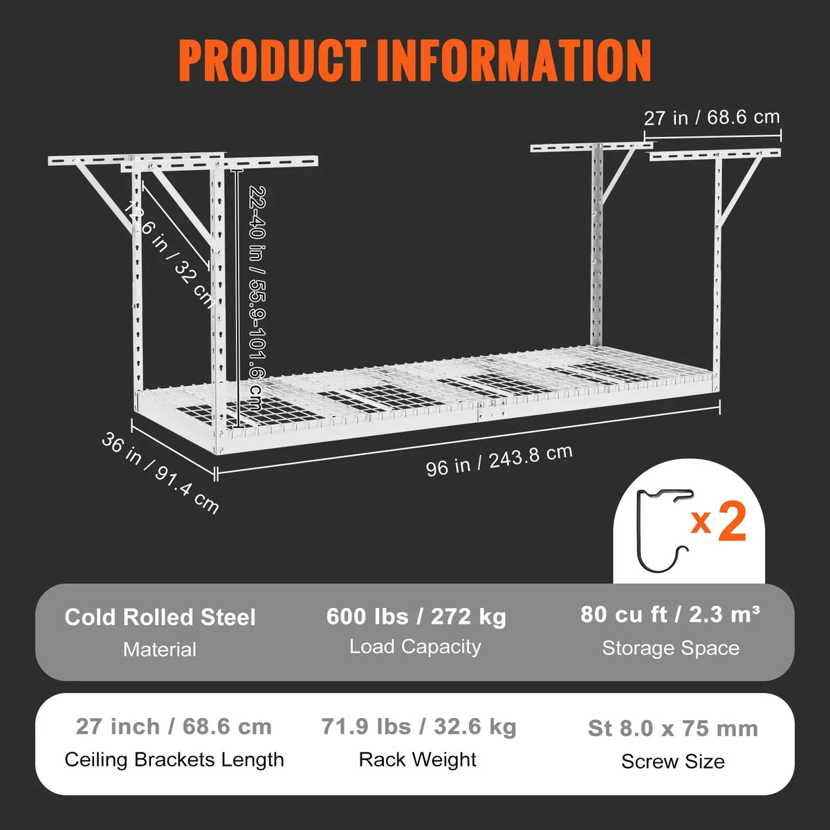VEVOR Ceiling Rack 36x96in Rack Adjustable White Garage 600lbs Storage Overhead