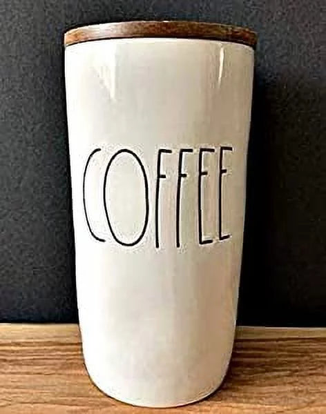 Dunn Rae sized Canister Ivory with Lid Medium Letters and Black Ceramic Wooden