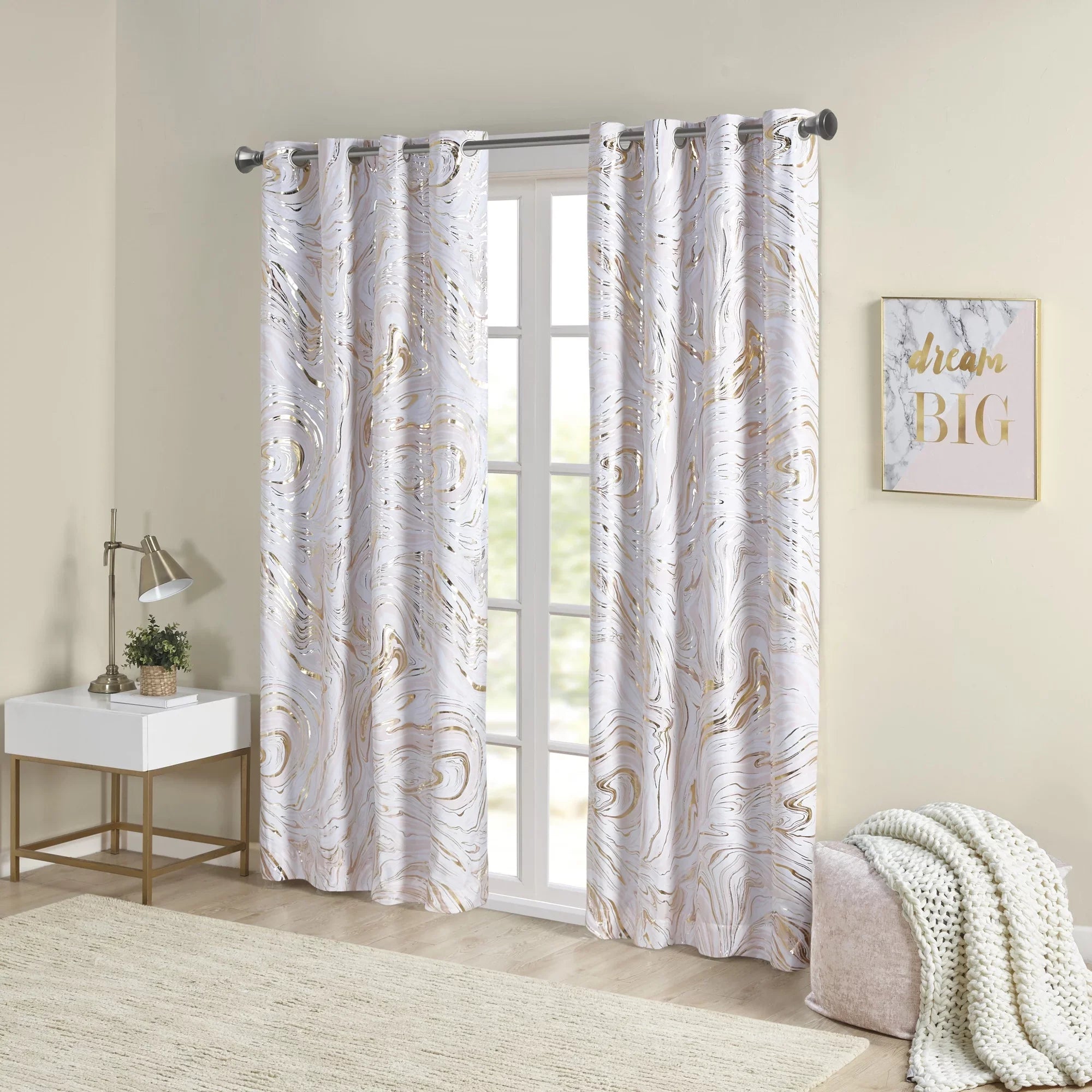 Printed 50x84" Metallic Total Intelligent Grommet Blush/Gold, Blackout Top Design Marble Curtain, Rebecca