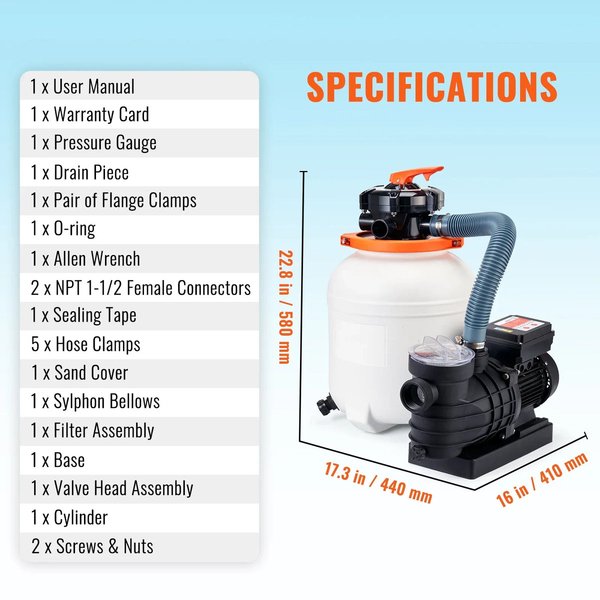 12" 1/2HP Flow Swimming Pool Valve Filter 3000GPH Ground with Pump 6-Way Sand SKYSHALO Above