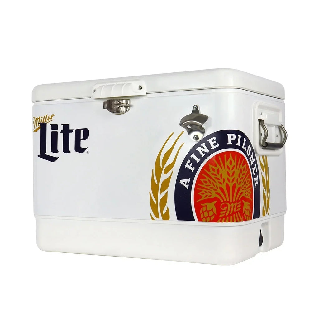 Tailgating, BBQs, RV, and steel-belted Lite Cooler Miller Can with Portable Camping, 51L (54 Cooler, 85 Blue, Beach, White Bottle Chest Opener, Fishing Beverage QT), Ice for