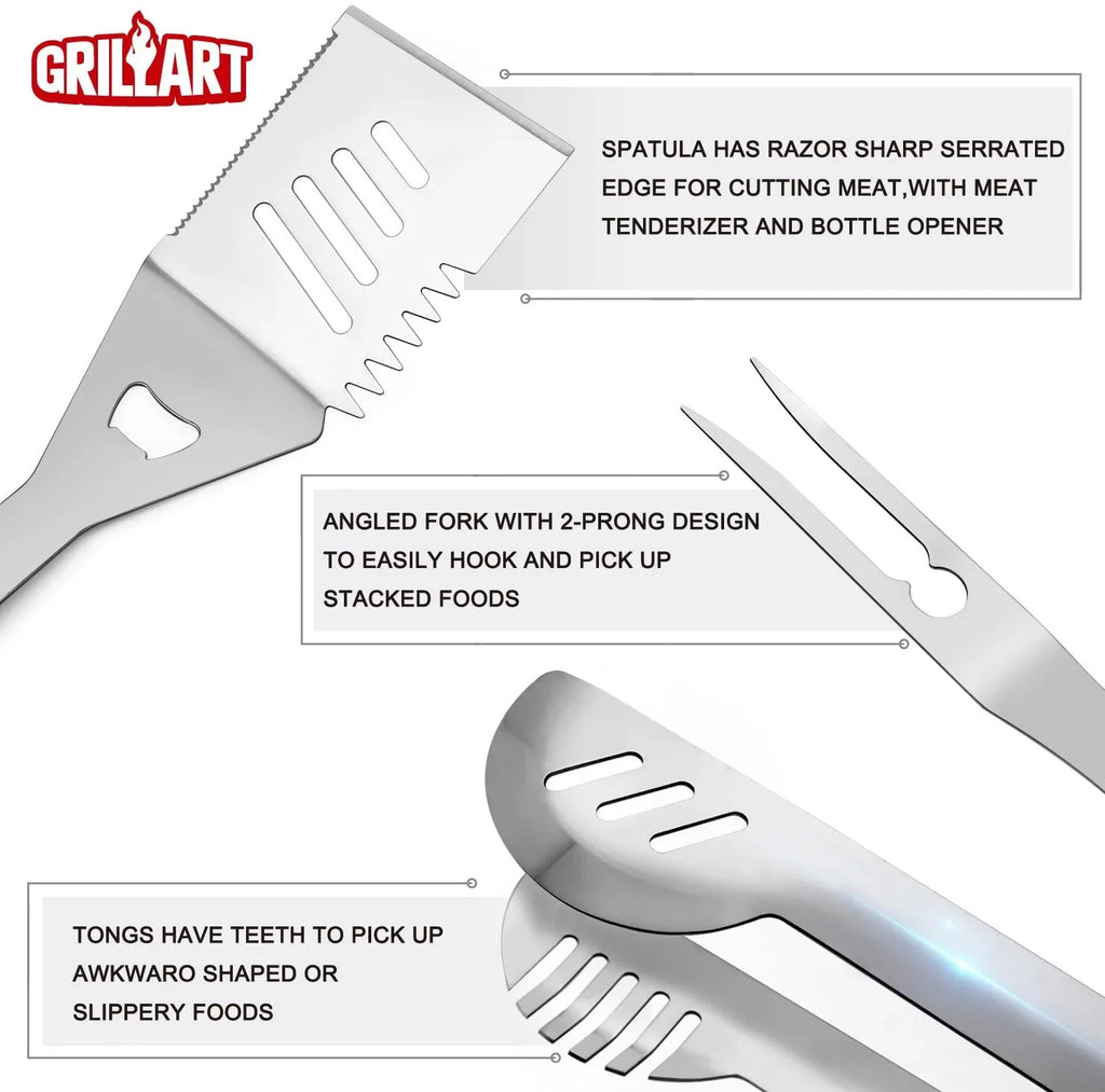 Tongs with Storage Tools Accessories Dad, Gift Reinforced for Aluminum Man Grill Outdoor Case Grilling for Birthday Utensil Kit 19-Piece Set Stainless-Steel -Complete Grill Barbecue
