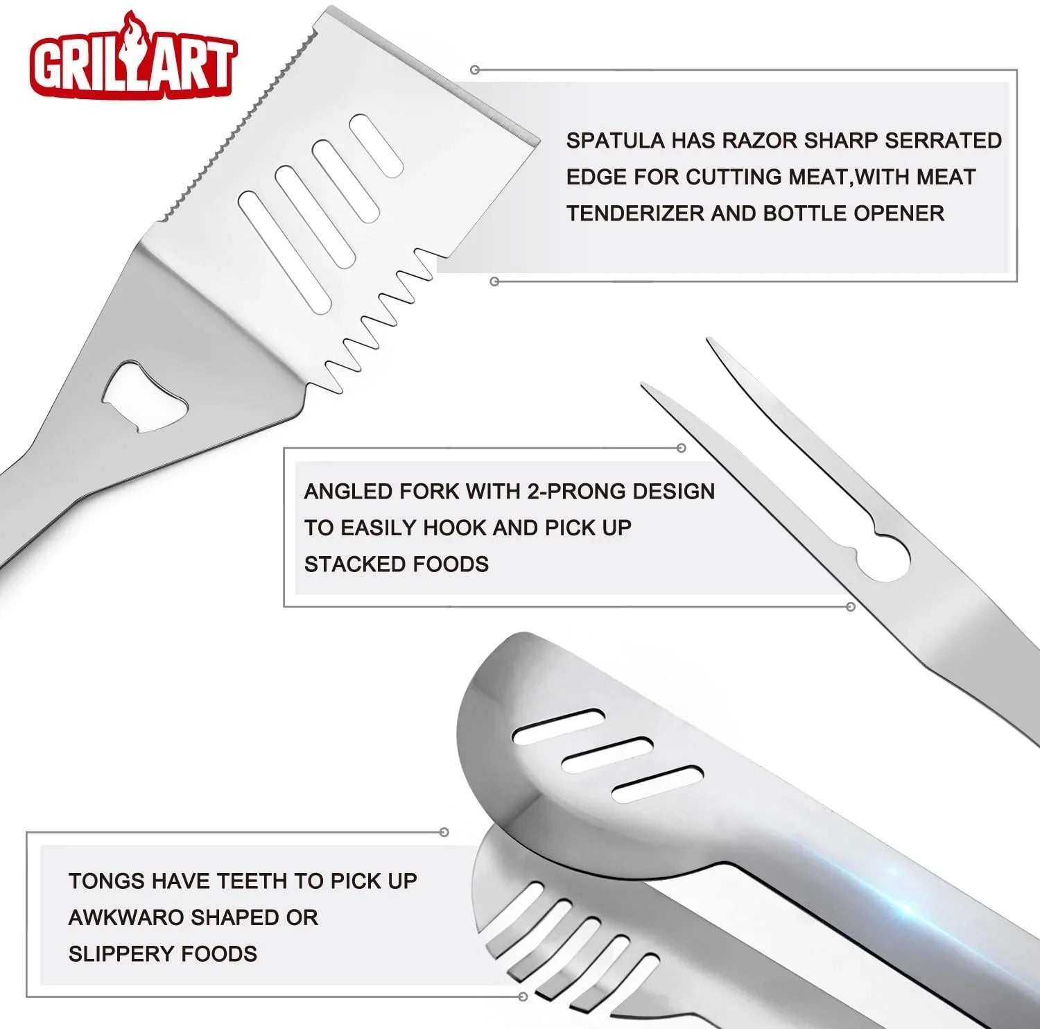 Tongs with Storage Tools Accessories Dad, Gift Reinforced for Aluminum Man Grill Outdoor Case Grilling for Birthday Utensil Kit 19-Piece Set Stainless-Steel -Complete Grill Barbecue