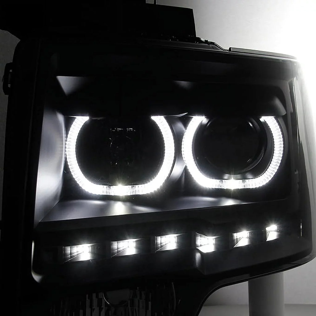 F150 For C-Shape Projector Tail 2009-2014 Headlight Black Dual Strip Halo - Smoke + Ford Lamp