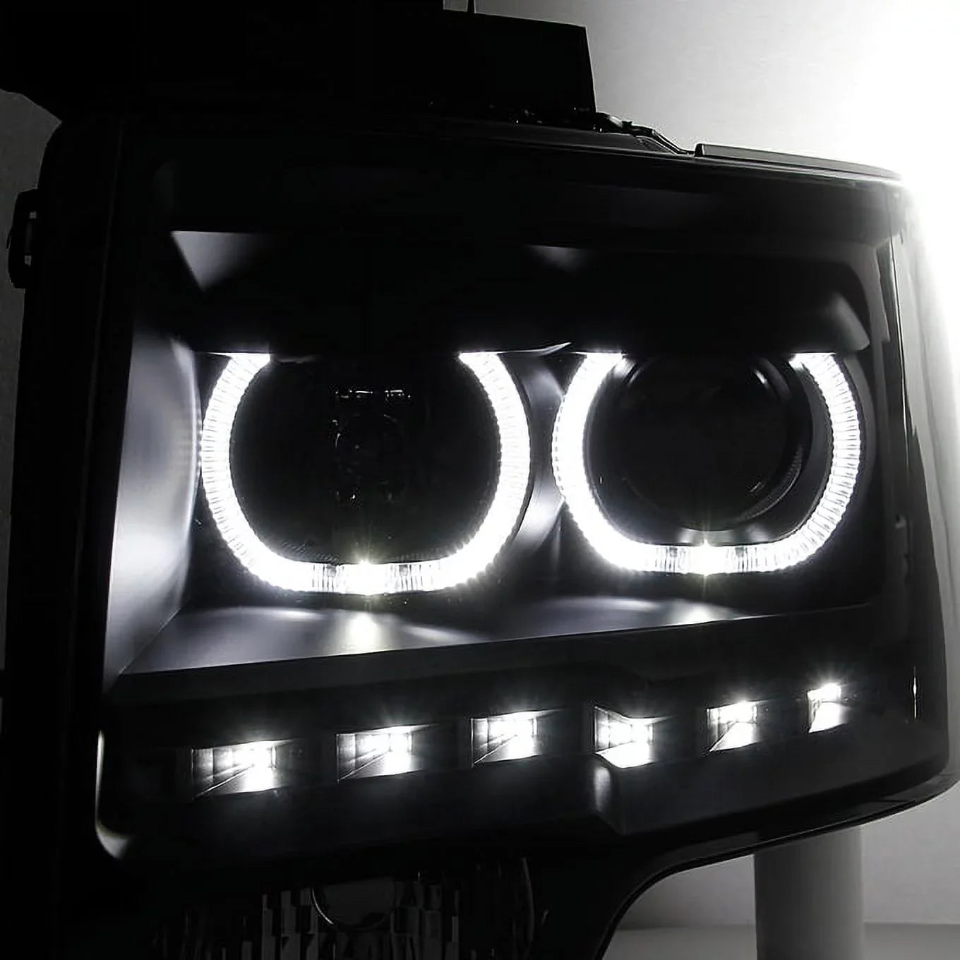 F150 For C-Shape Projector Tail 2009-2014 Headlight Black Dual Strip Halo - Smoke + Ford Lamp
