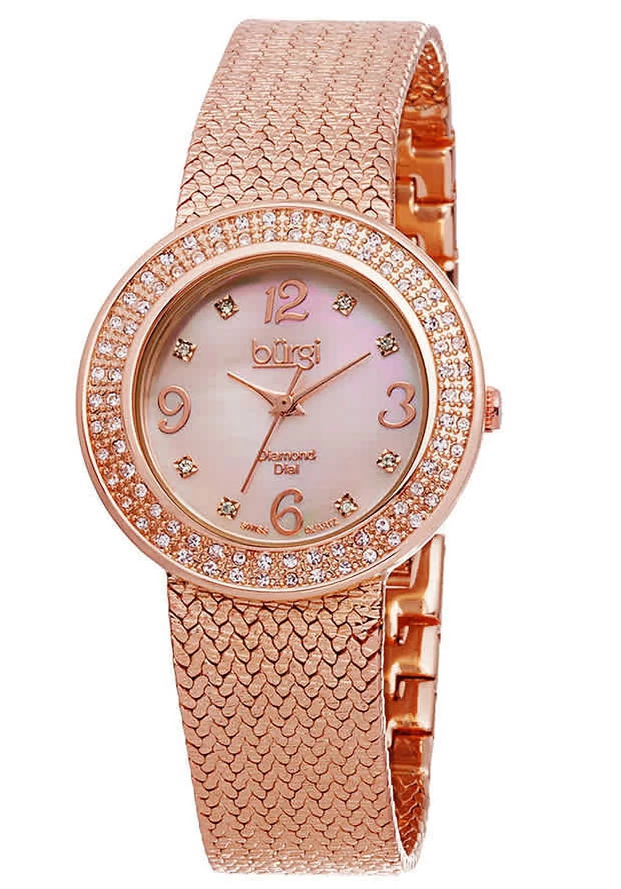 Bracelet Gold Watch Quartz Swiss Gold BUR097RG Pink Mother Crystal Accented Rose with Dial Pearl of Women's Rose and