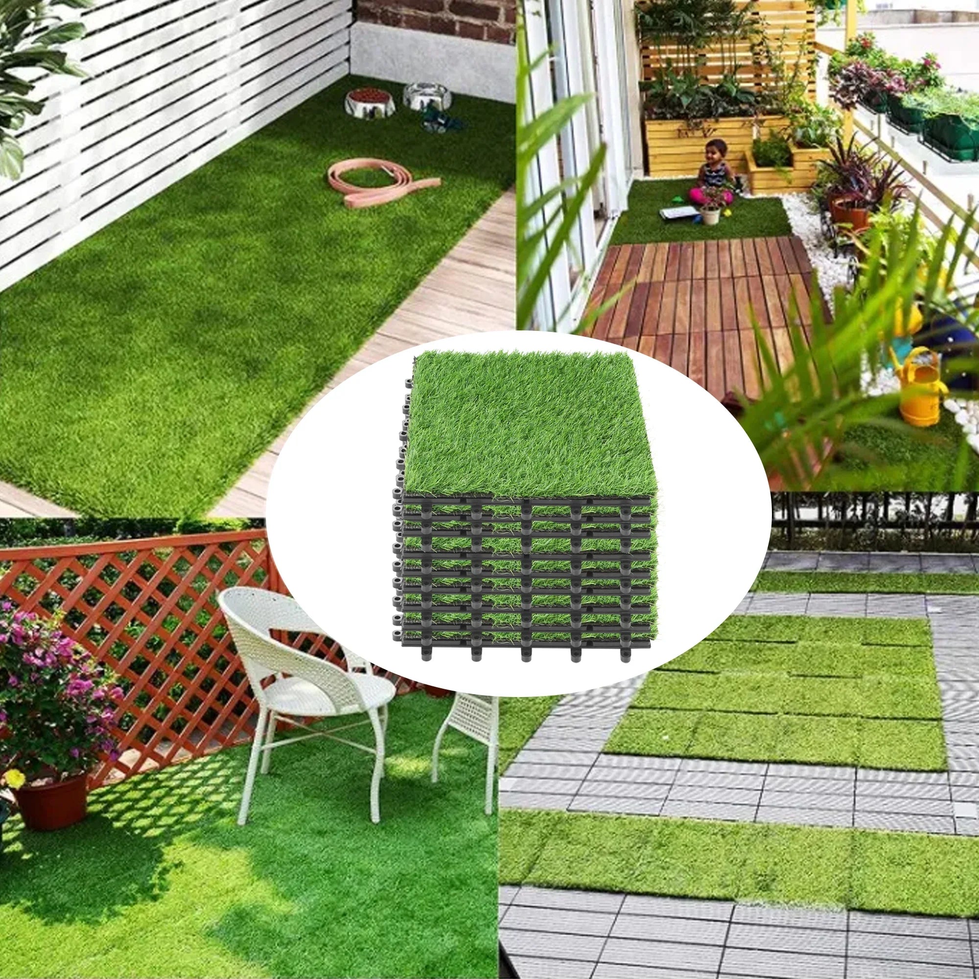 Turf BuxWellBang 12'' Interlocking Grass x Tile x Artificial 9pcs 12'' Flooring 2'' Tile,