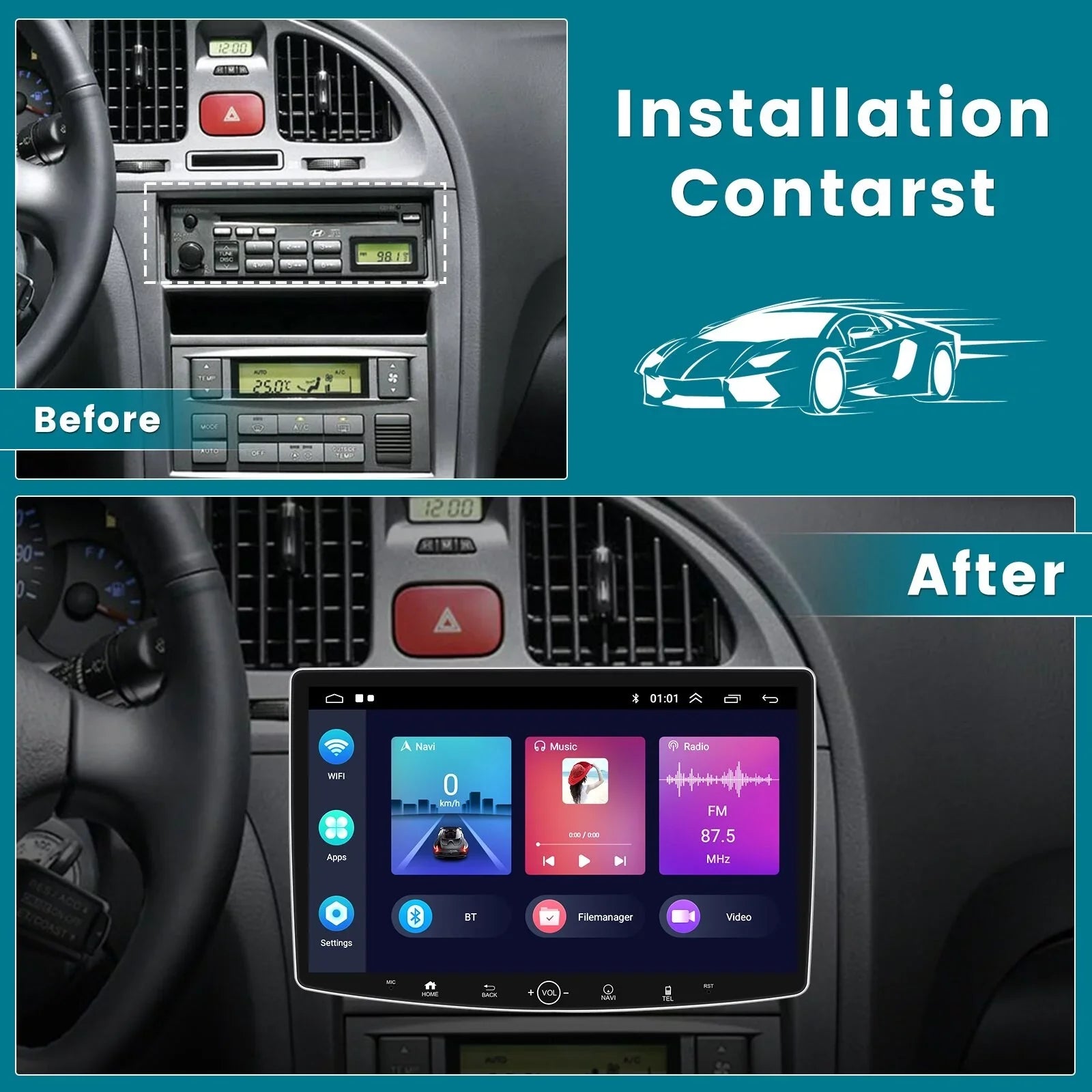 10.1'' Single Android 11 ,with Carplay Wireless Podofo Screen Apple Radio Cable Car Microphone&Backup 1 Camera Audio Bluetooth Touch Auto 2+32G Stereo Android
