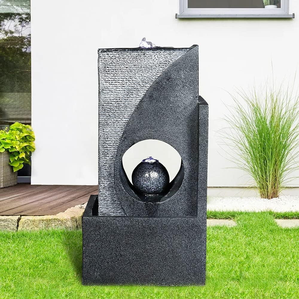 Garden with Lights Office Sphere Column Fountain Sportaza Feature Led Modern Cascading Home Decor for Moisture & Indoor/Outdoor Moisture Patio 24.4inches