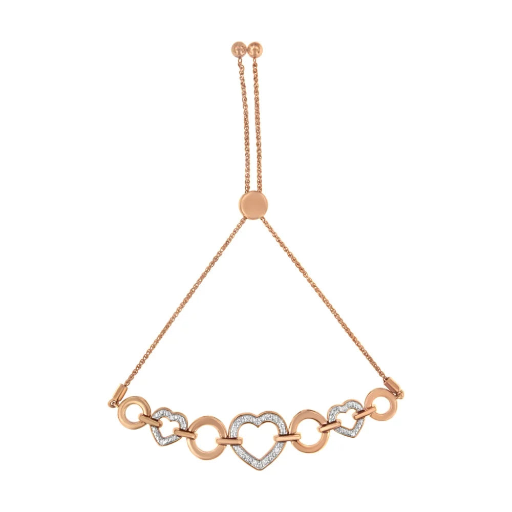 Bolo Accent Adjustable (I-J Link Plated Diamond 14K Clarity) Color, Silver 6”-10” Heart I3 Rose Bracelet .925 and Gold Sterling Circle