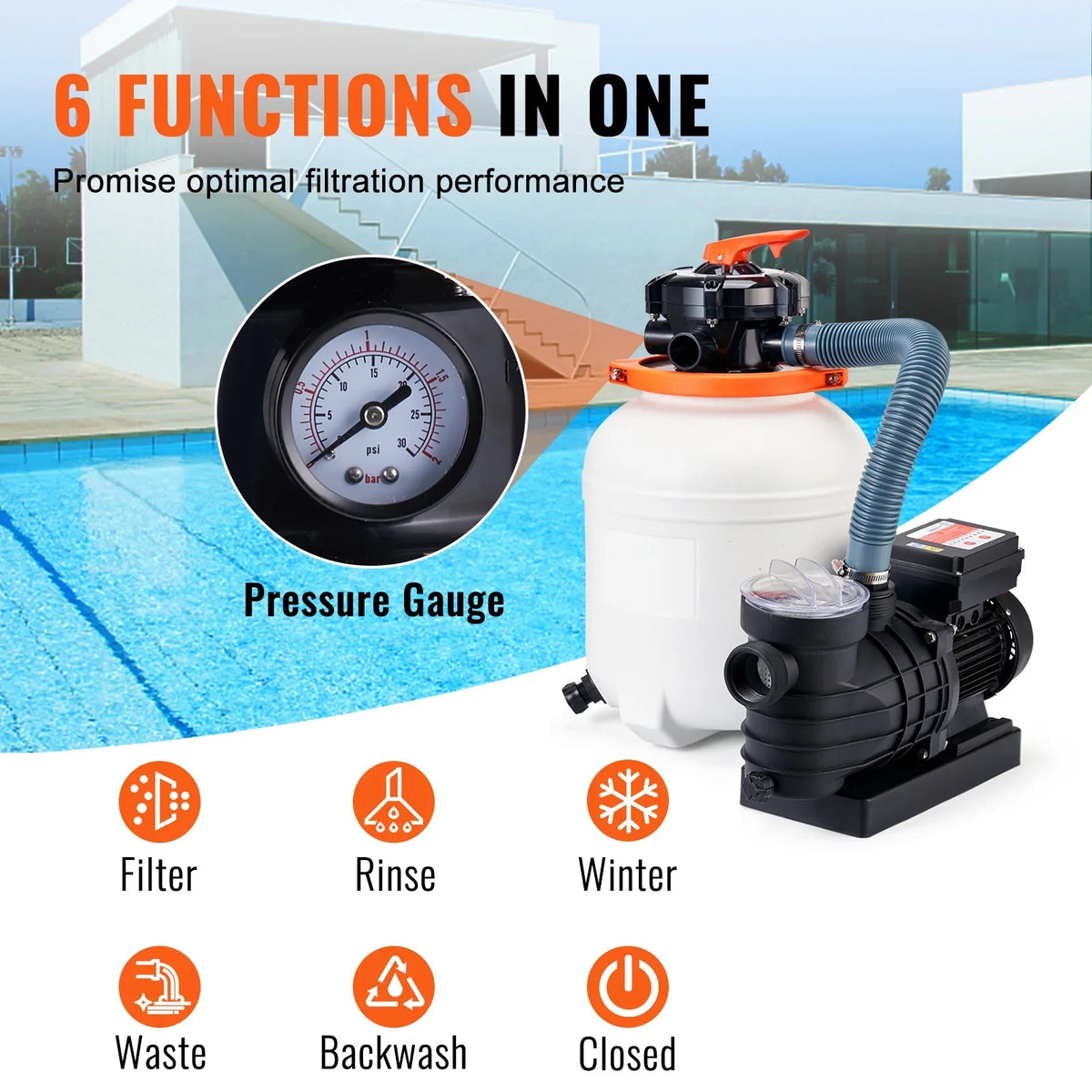 12" 1/2HP Flow Swimming Pool Valve Filter 3000GPH Ground with Pump 6-Way Sand SKYSHALO Above