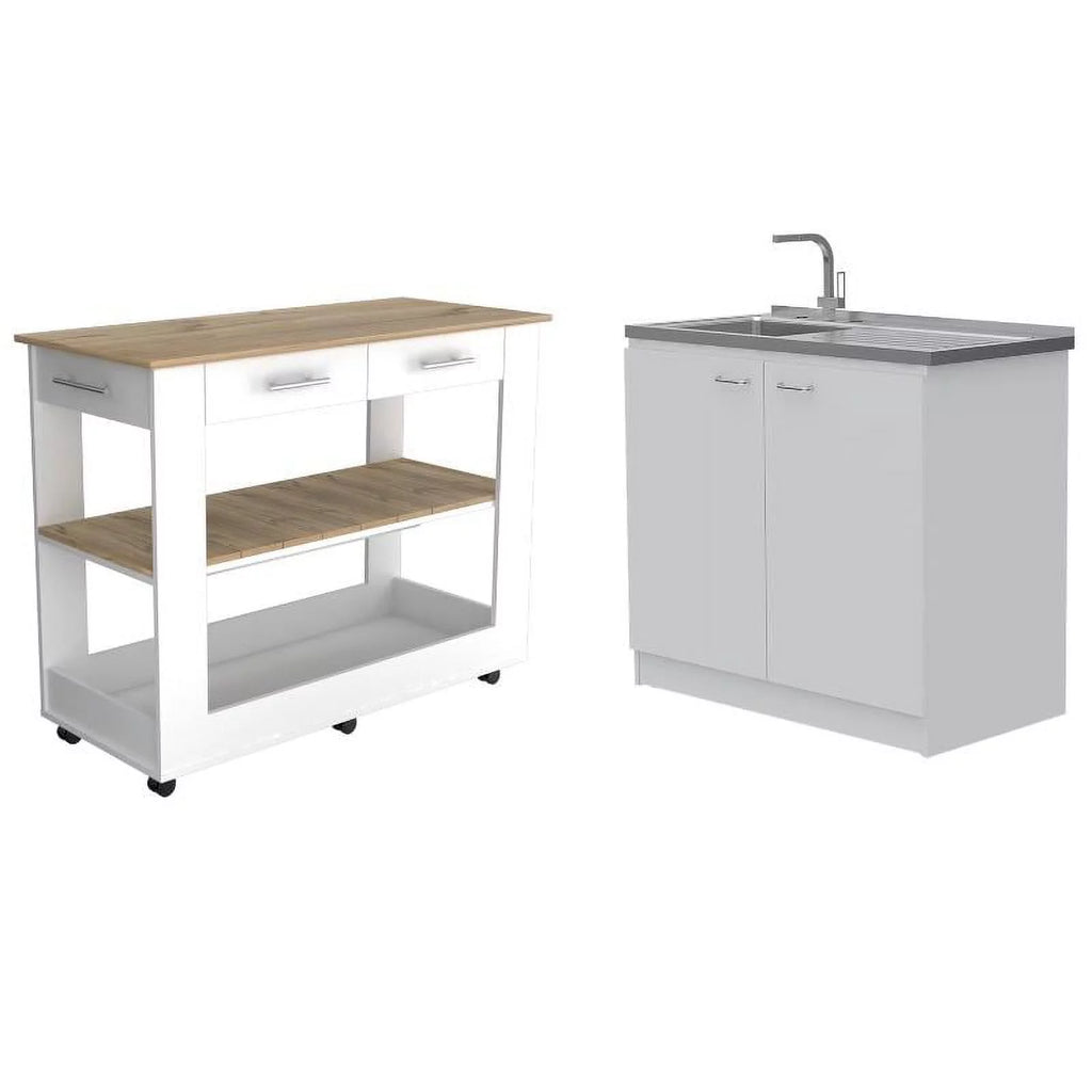 Sink 2-Piece Home Kitchen with and Square Wood Island Utility Set