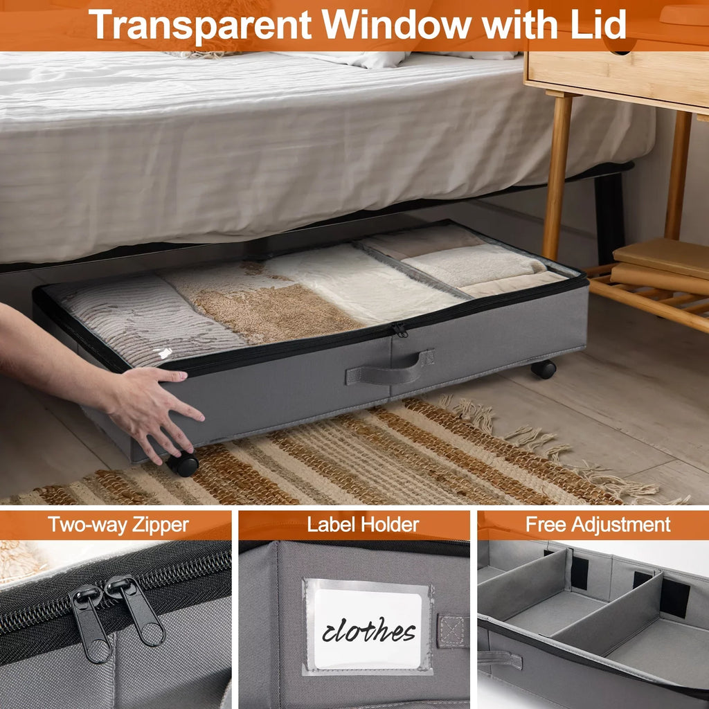 in Storage Drawer Bed Bed Shoe Rigidity with for Underbed Under Large Fabric Storage 42L Wheels, Extra Pack Under and Gray Organizer 2 Containers, Lid Blankets Oxford with Storage Clothes