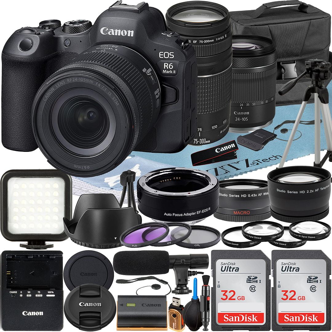 '+ SanDisk Flash 2 75-300mm + Mount Camera 24-105mm + Pack Accessory Mark Memory R6 32GB Mirrorless + + Lens ZeeTech Canon with + Adapter Card Case