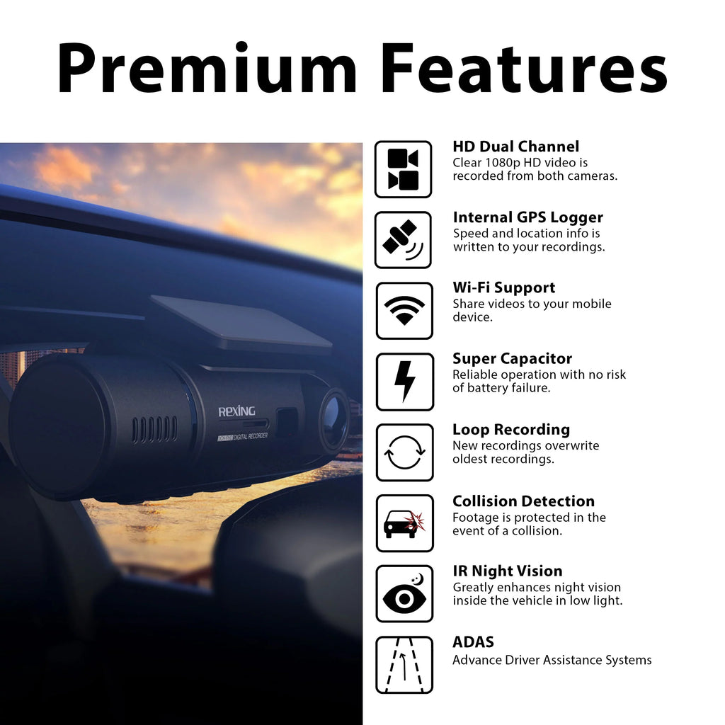 Rexing Dash and Cam Cabin Front V3 with Inside 1080P & Wi-Fi GPS