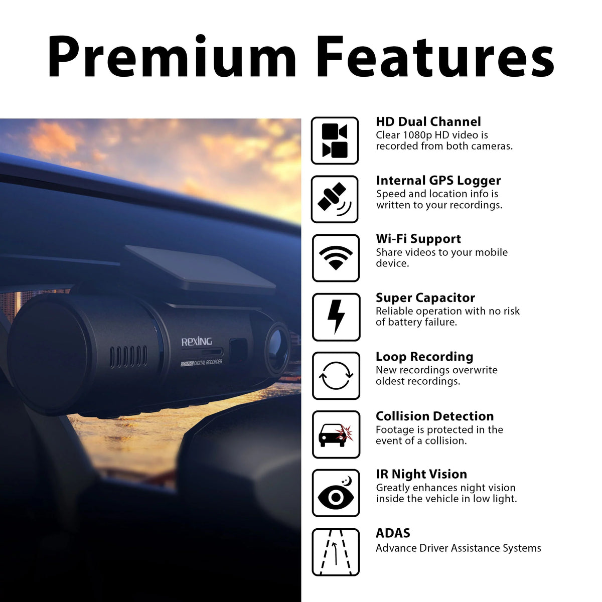 Rexing Dash and Cam Cabin Front V3 with Inside 1080P & Wi-Fi GPS