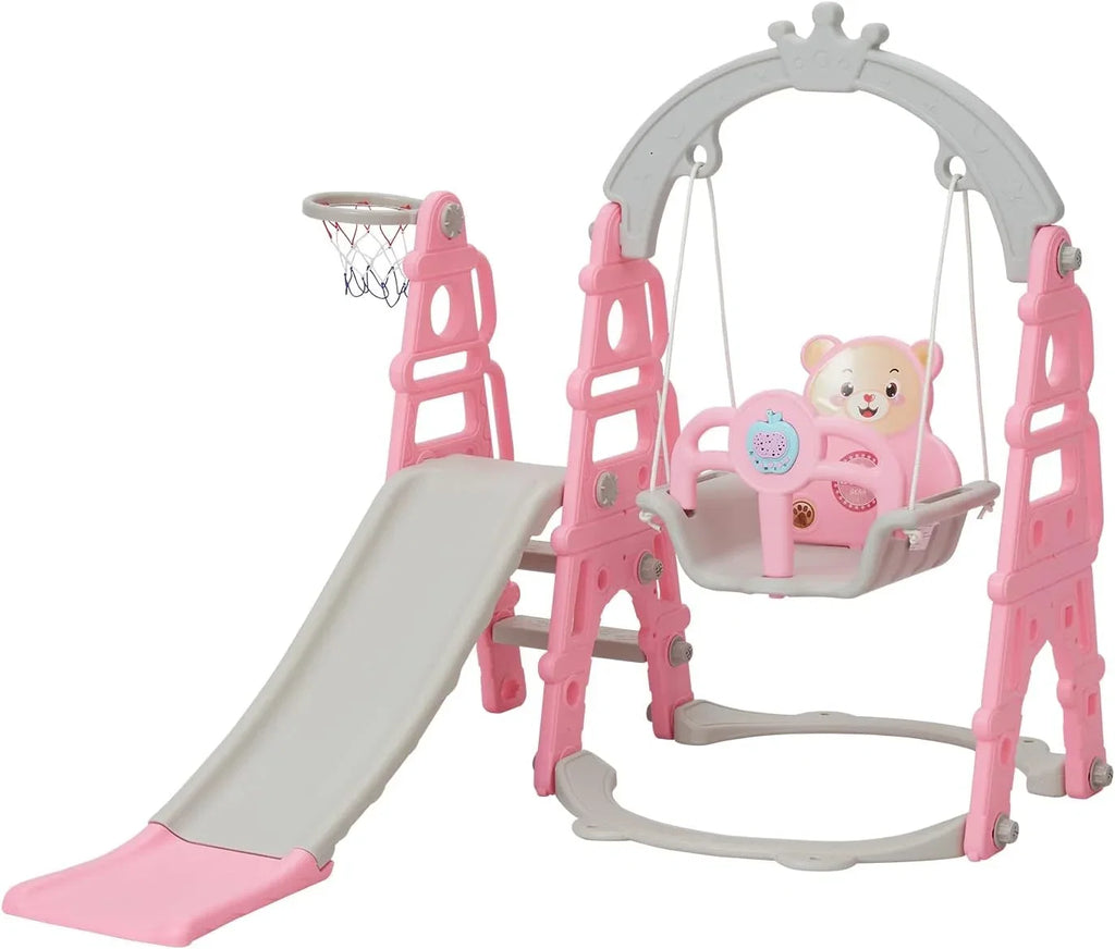 Set, Stairs, Indoor 1 Slide Kinbor for Basketball Climber Slide Extra Easy Toddler Pink in & Slide Baby Playset with Playground Outdoor 5 & Hoop, Swing Climb Long