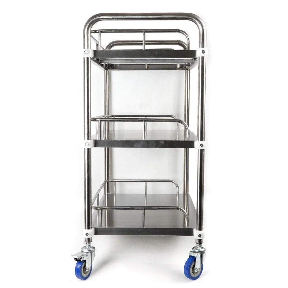Home Trolley Layers Serving Shelves for Hotel Rolling Cart Locking Household Mobile Lab Use Steel Shelf Utility with 3 Cart Restaurant Storage Cart Multifunction Silent Silver Stainless Wheels