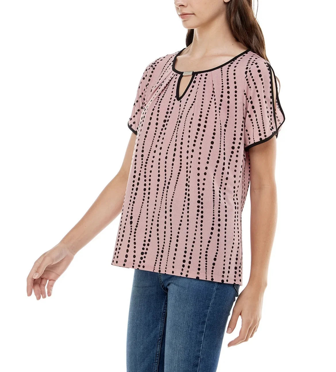 Size Women's and Contrast Top Adrienne Keyhole Sleeve Vittadini Split Binding
