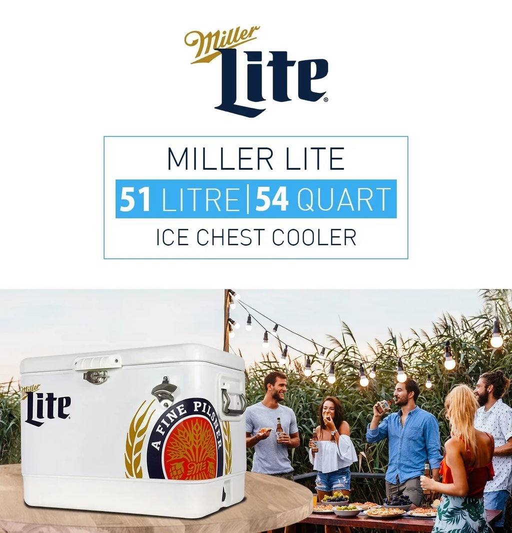 Tailgating, BBQs, RV, and steel-belted Lite Cooler Miller Can with Portable Camping, 51L (54 Cooler, 85 Blue, Beach, White Bottle Chest Opener, Fishing Beverage QT), Ice for