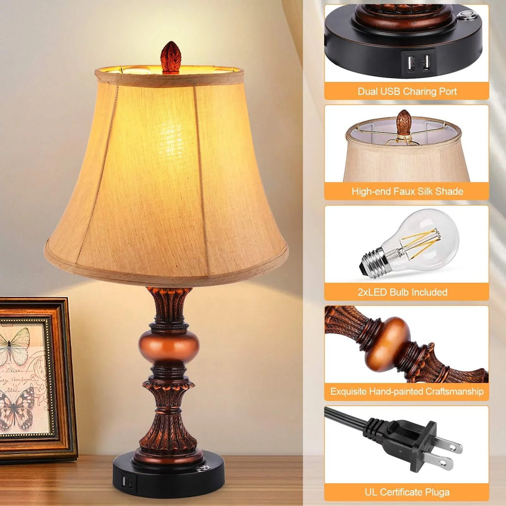 Control Lamp Traditional of Bulbs 2 Bedside 2 Table Dimmable Bedroom Port 4 Nightstand with Lamps, Set Free Sets Lamp 3-Way Nictiv Wooden Lamp with Touch