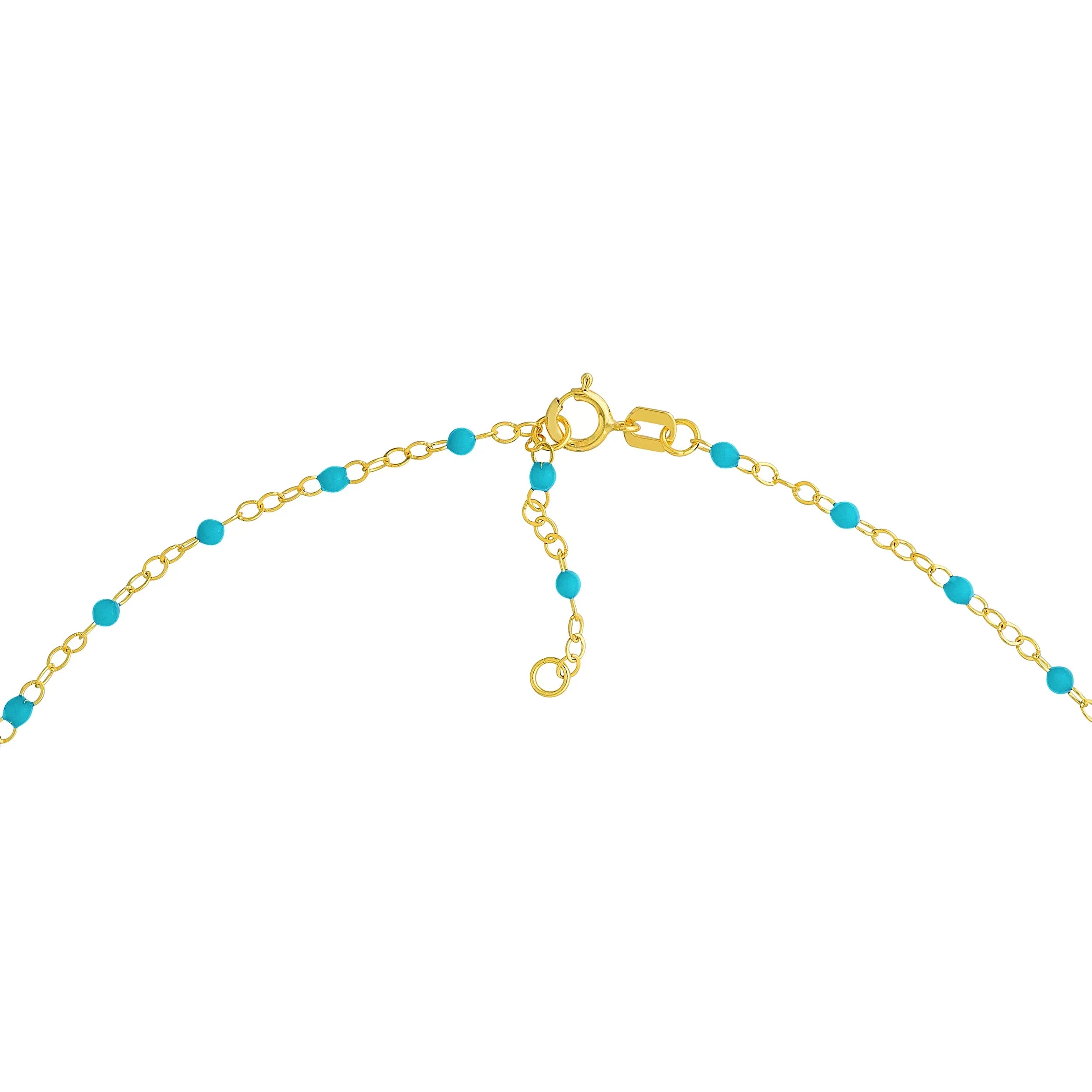 Turquoise Bead 14K Women's Gold Piatto Light Enamel Bracelet Adjustable Yellow 5.50"-7.50"