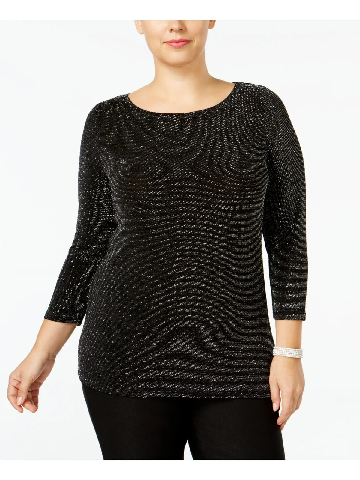 Plus Sleeve Sweater 3/4 2X Neck Metallic MICHAEL Black Womens Boat KORS