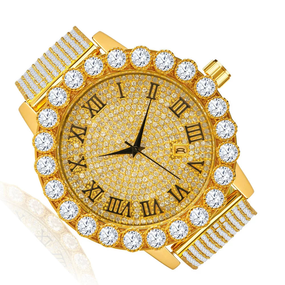 Stainless W/Date Iced Row Men's Out Bezel 10 Back Diamond Roman Yellow lab 18K Band Custom Solitaire Finish Khronos Dial Watch Steel Gold